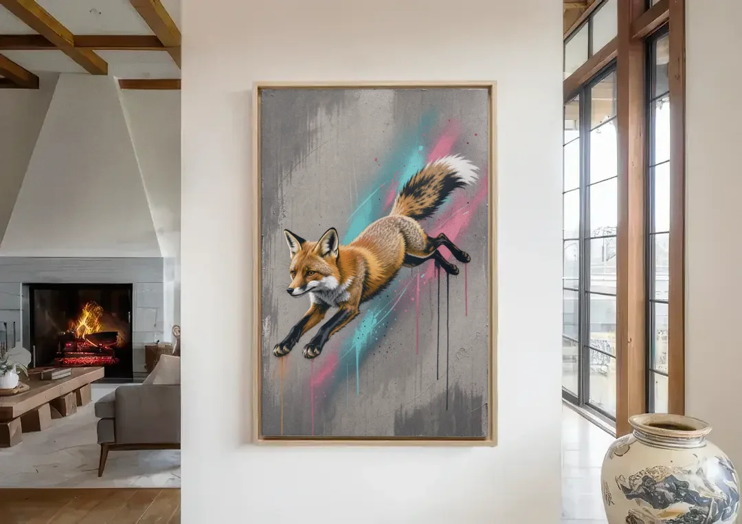 Jumping Fox on Concrete in Graffiti Style canvas wall art in a living room with a fireplace