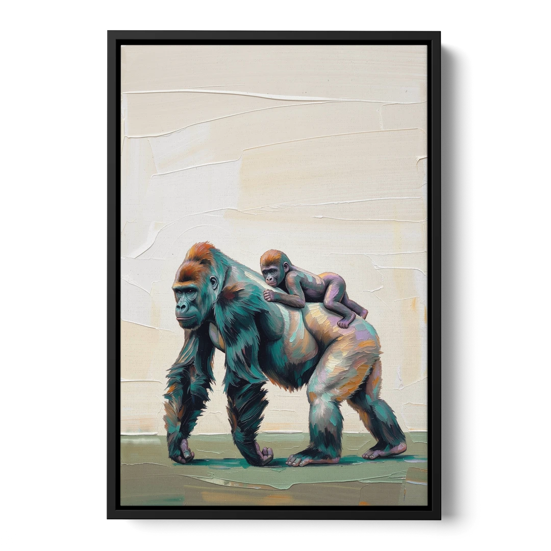 Jungle Animal Nursery Art with a Gorilla Piggyback - Black Framed Canvas Wall Art - Front
