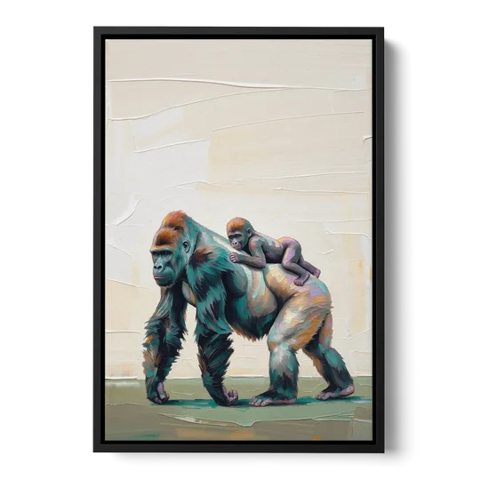 Jungle Animal Nursery Art with a Gorilla Piggyback - Black Framed Canvas Wall Art - Front