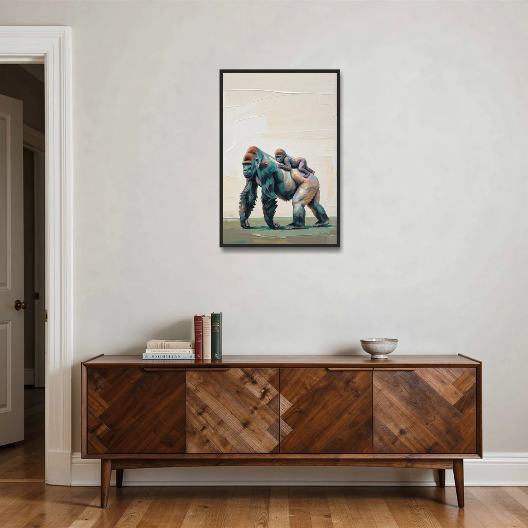 Jungle Animal Nursery Art with a Gorilla Piggyback - Black Framed Canvas Wall Art - Coffee Table - 24x36