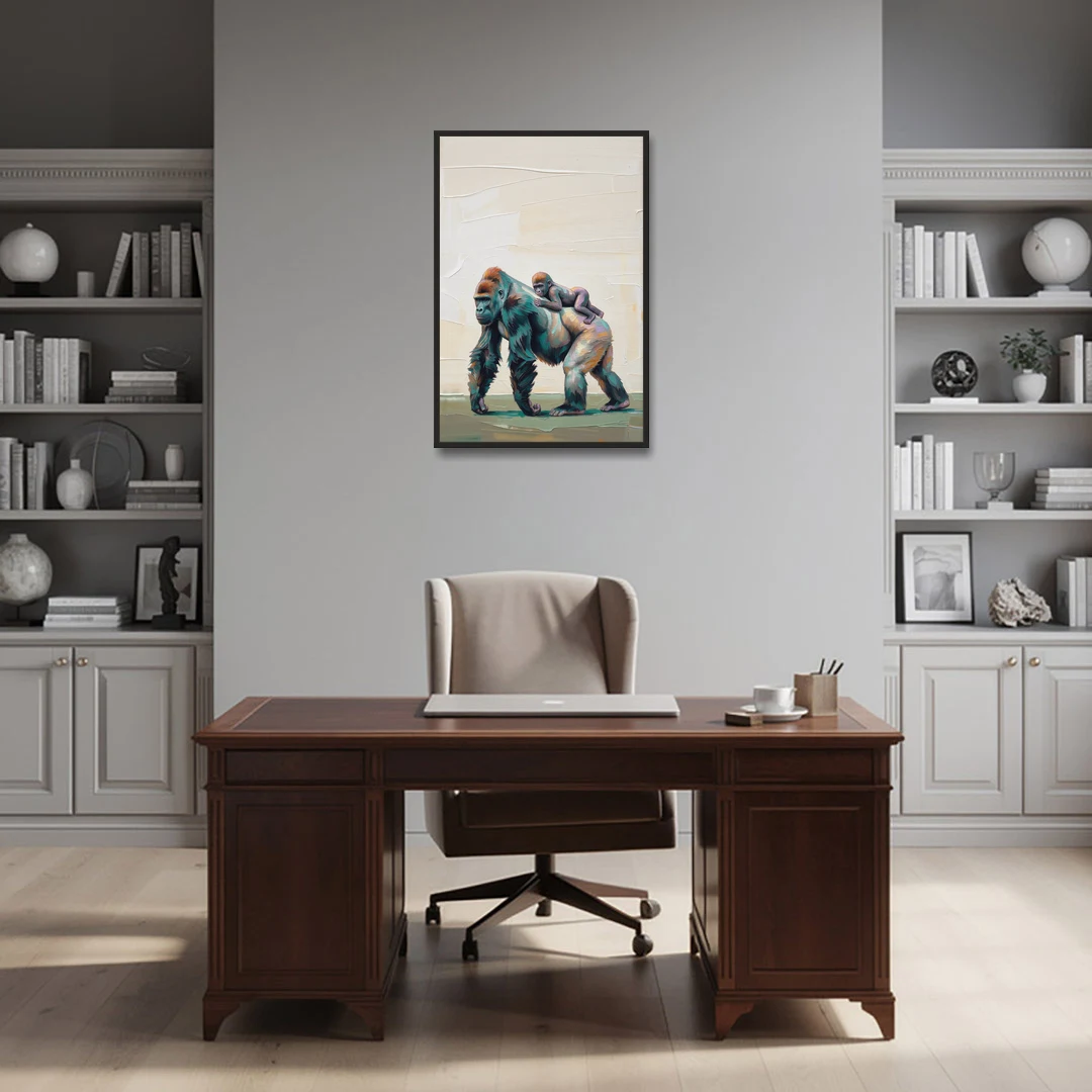 Jungle Animal Nursery Art with a Gorilla Piggyback - Black Framed Canvas Wall Art - Office - 24x36