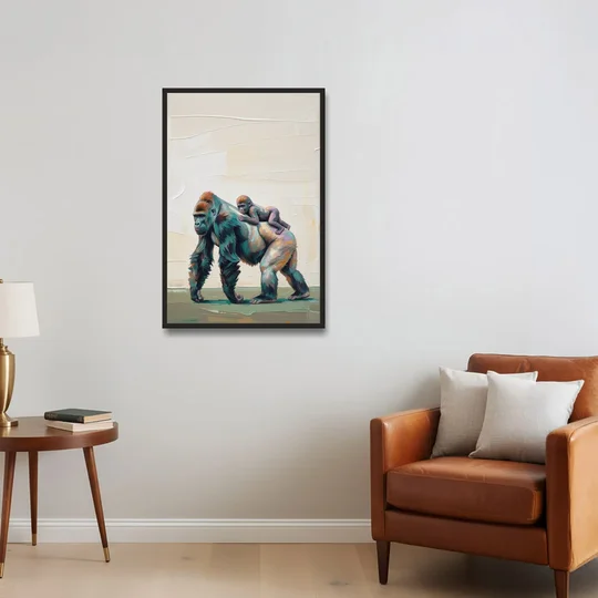 Jungle Animal Nursery Art with a Gorilla Piggyback - Black Framed Canvas Wall Art - Sofa - 24x36