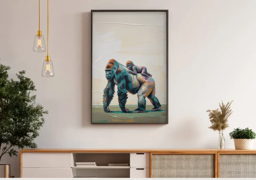 Jungle Animal Nursery Art with a Gorilla Piggyback canvas wall art above a wooden sideboard under pendant lights