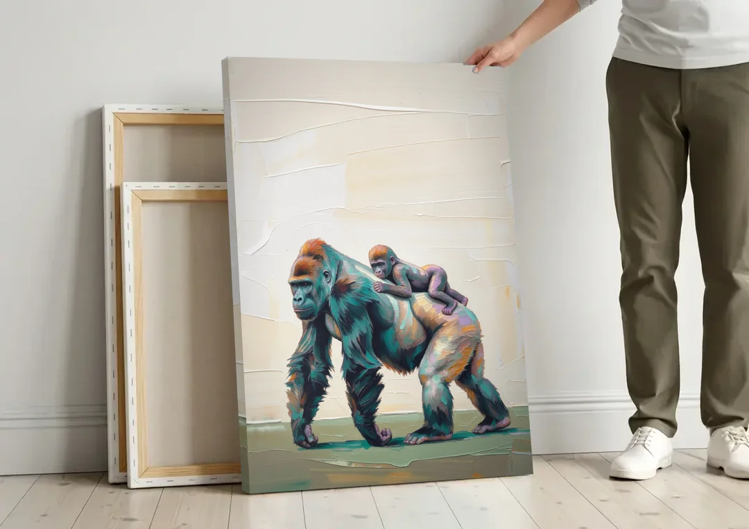 Jungle Animal Nursery Art with a Gorilla Piggyback canvas wall art leaning against a wall next to blank canvases