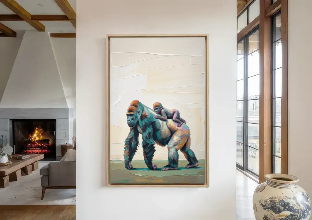 Jungle Animal Nursery Art with a Gorilla Piggyback canvas wall art in a living room with a fireplace