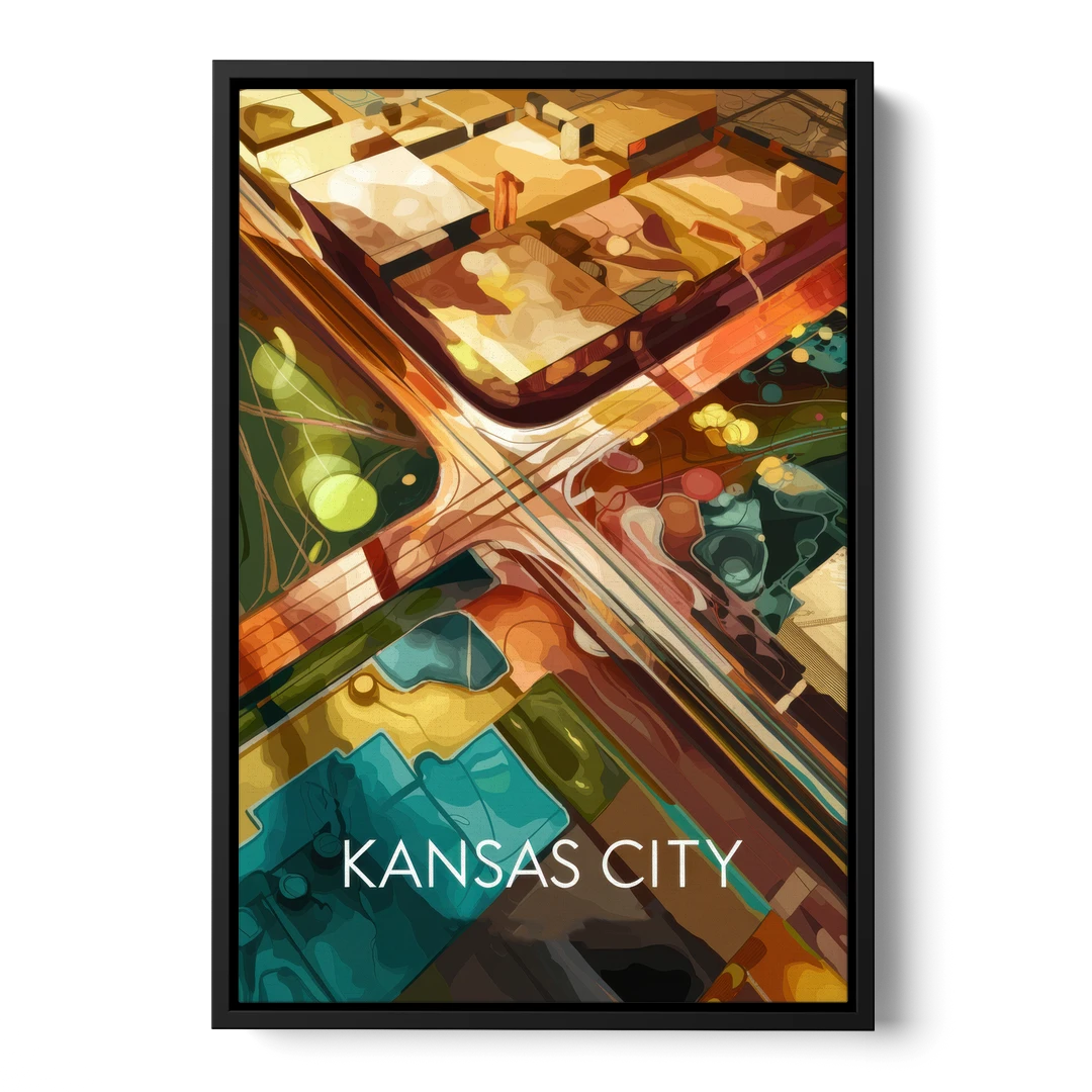 Kansas City Aerial View - Black Framed Canvas Wall Art - Front