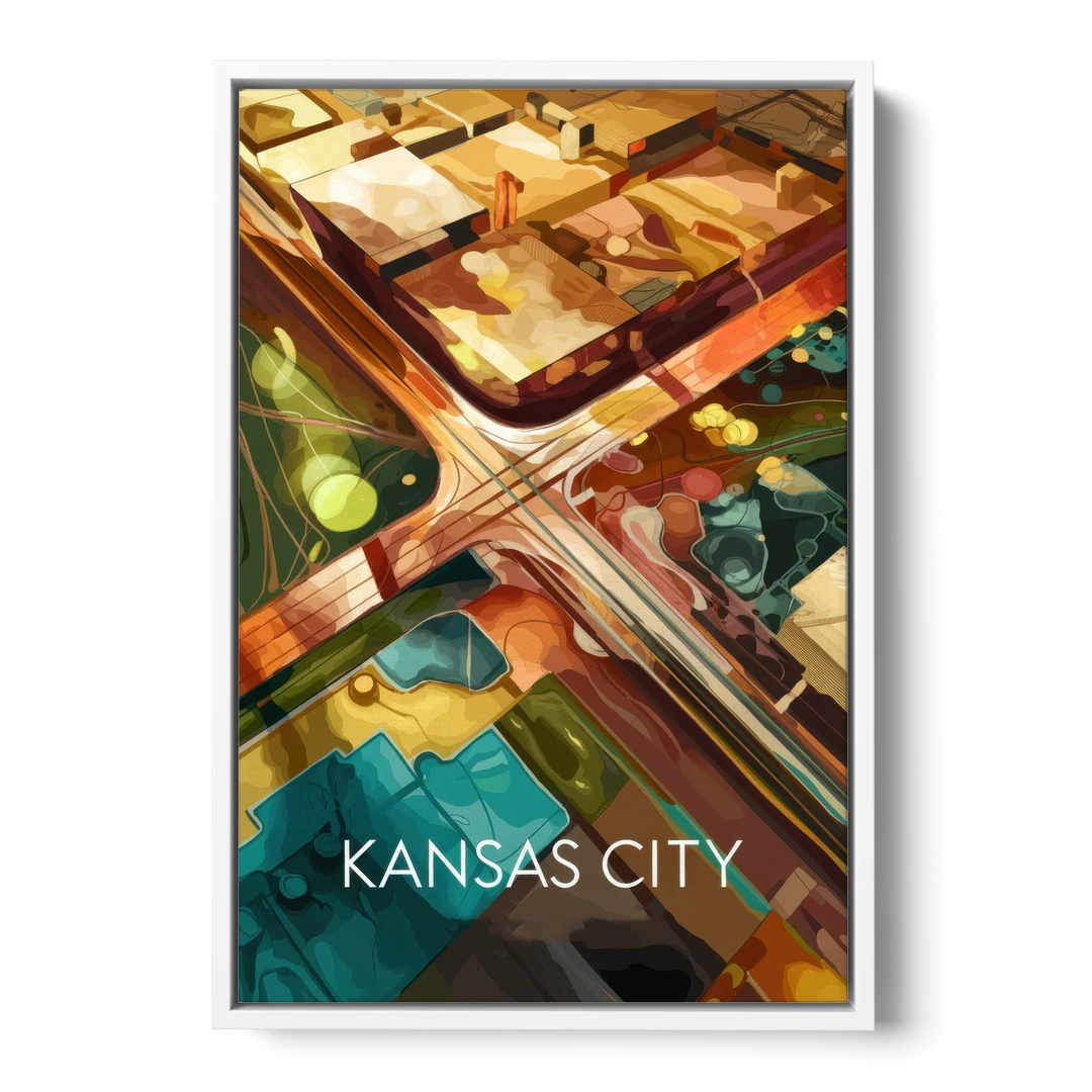Kansas City Aerial View - White Framed Canvas Wall Art - Front