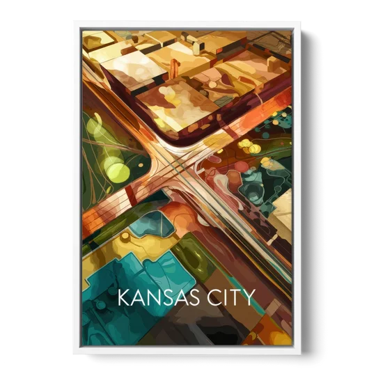 Kansas City Aerial View - White Framed Canvas Wall Art - Front