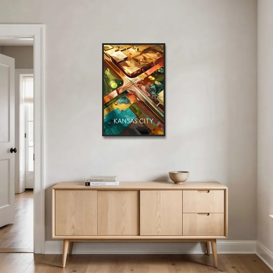 Kansas City Aerial View - Black Framed Canvas Wall Art - Coffee Table - 24x36
