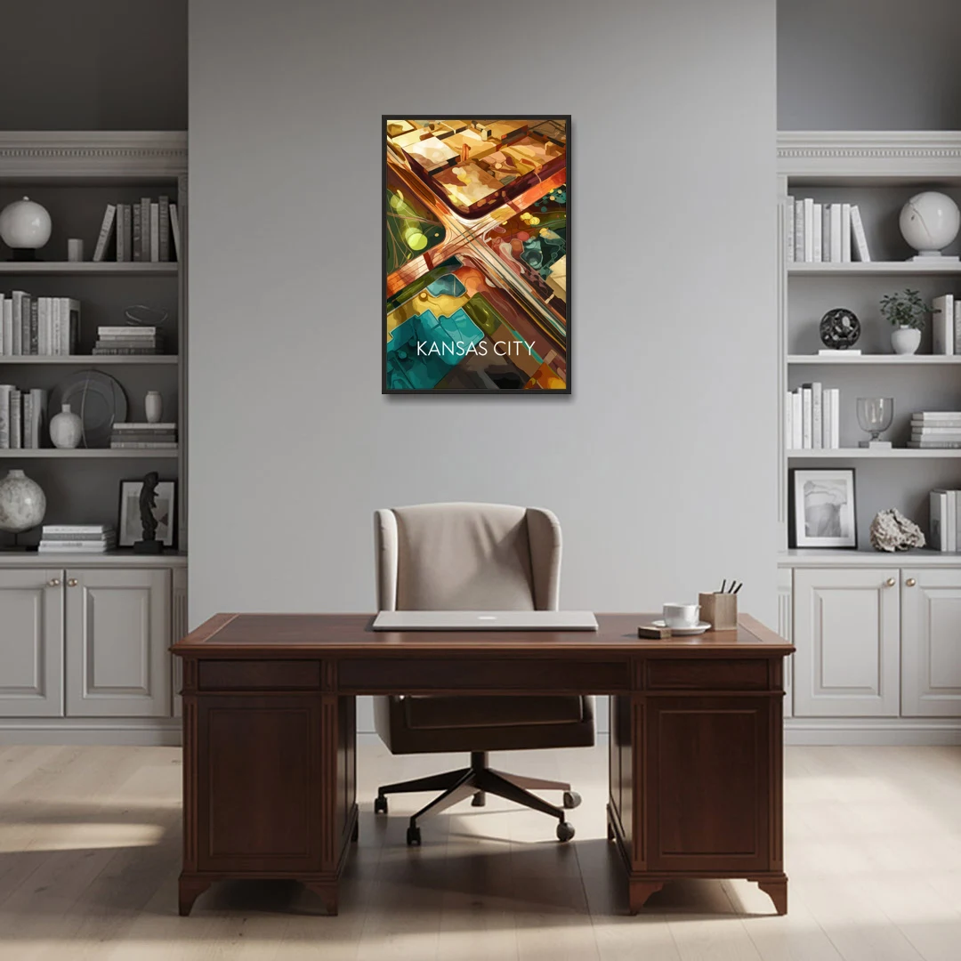 Kansas City Aerial View - Black Framed Canvas Wall Art - Office - 24x36