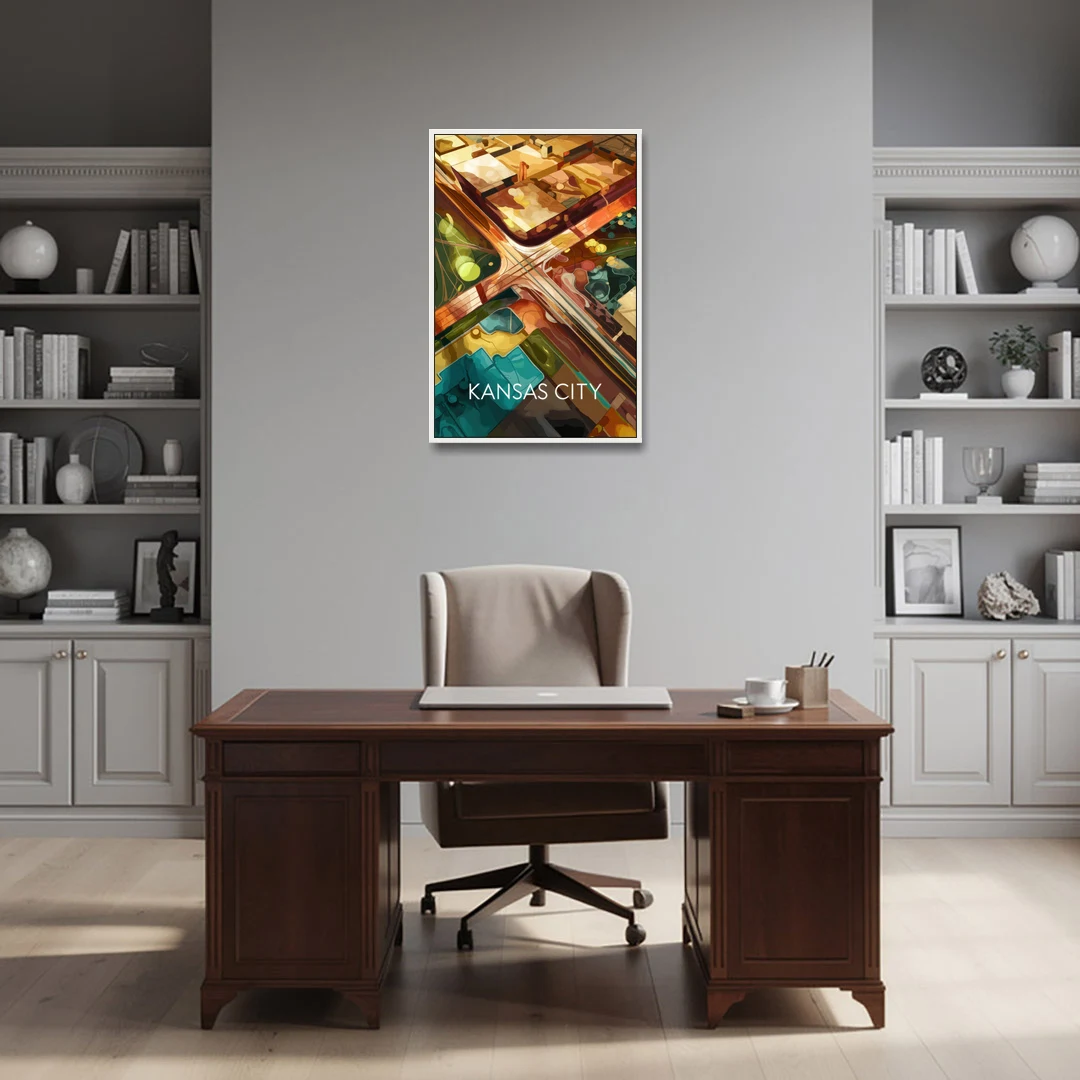 Kansas City Aerial View - White Framed Canvas Wall Art - Office - 24x36