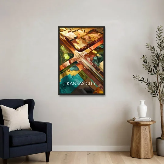 Kansas City Aerial View - Black Framed Canvas Wall Art - Sofa - 24x36