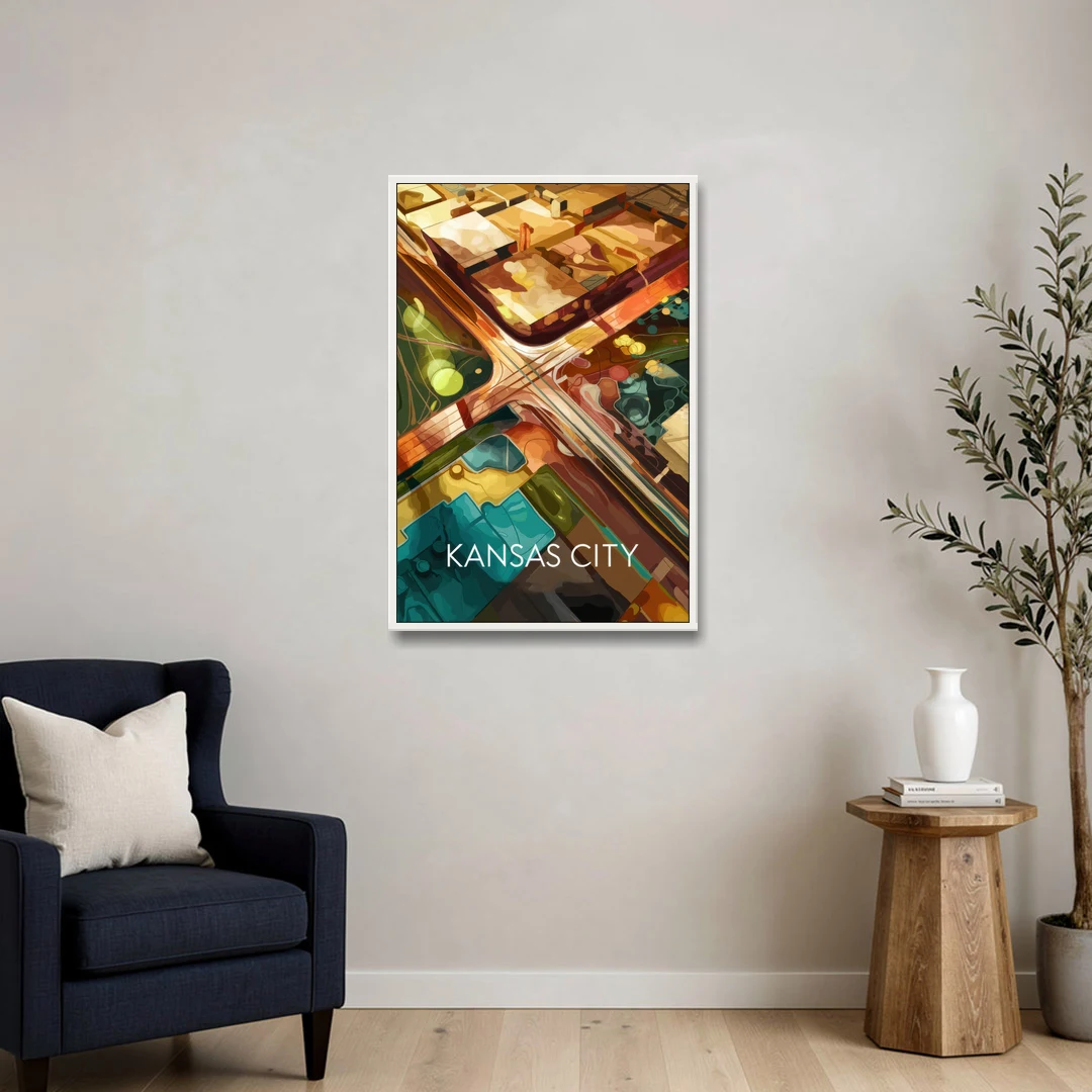 Kansas City Aerial View - White Framed Canvas Wall Art - Sofa - 24x36