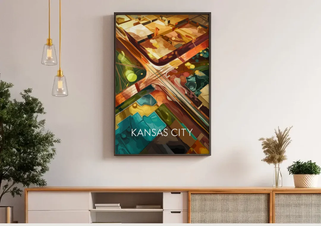 Kansas City Aerial View canvas wall art above a wooden sideboard under pendant lights