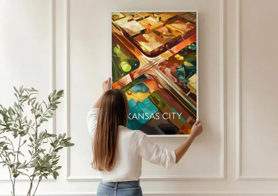 Kansas City Aerial View canvas wall art being hung on a paneled wall