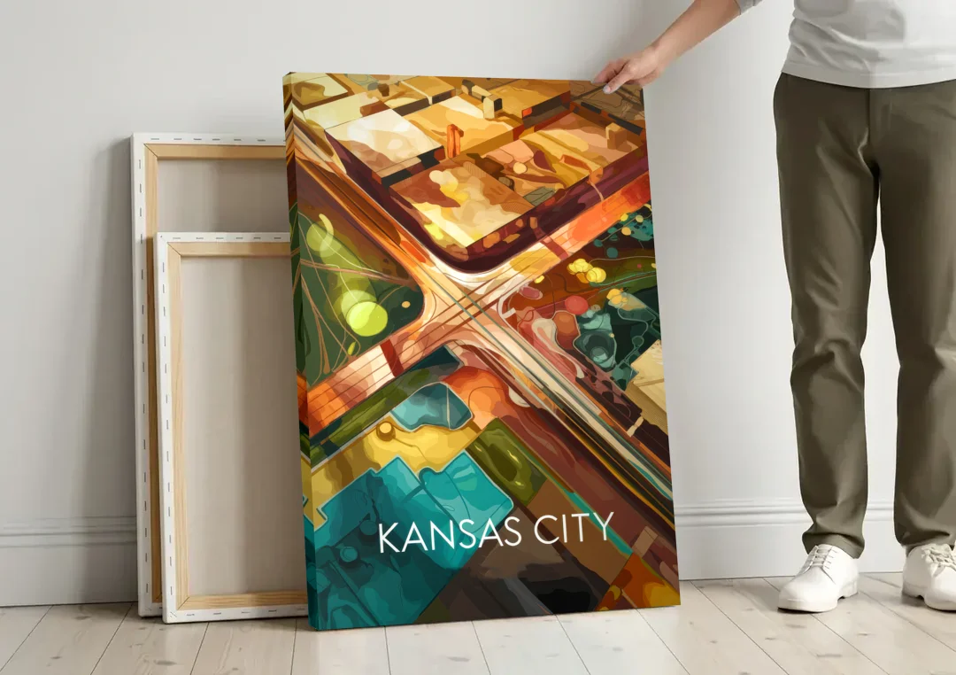 Kansas City Aerial View canvas wall art leaning against a wall next to blank canvases