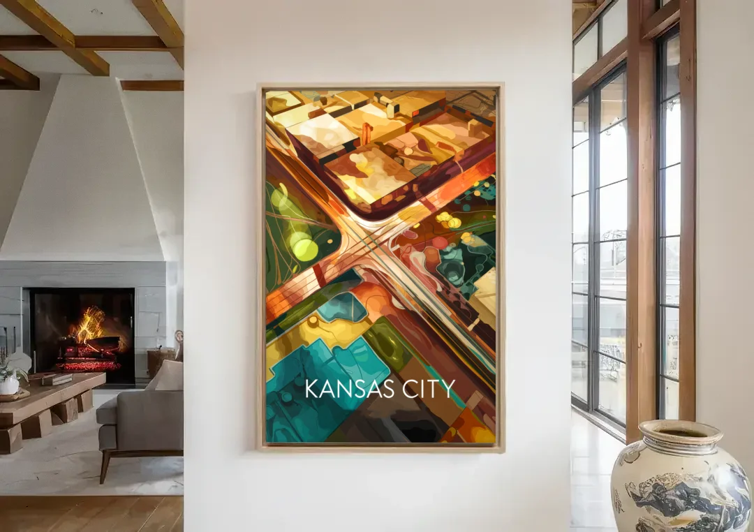 Kansas City Aerial View canvas wall art in a living room with a fireplace