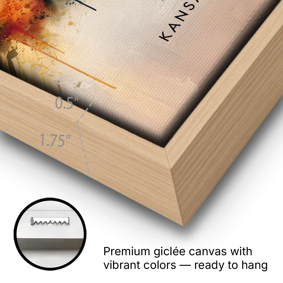 Kansas City Artistic Skyline - Oak Framed Canvas Wall Art - Gallery Wrap Corner