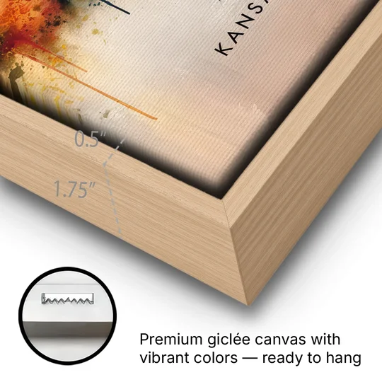 Kansas City Artistic Skyline - Oak Framed Canvas Wall Art - Gallery Wrap Corner