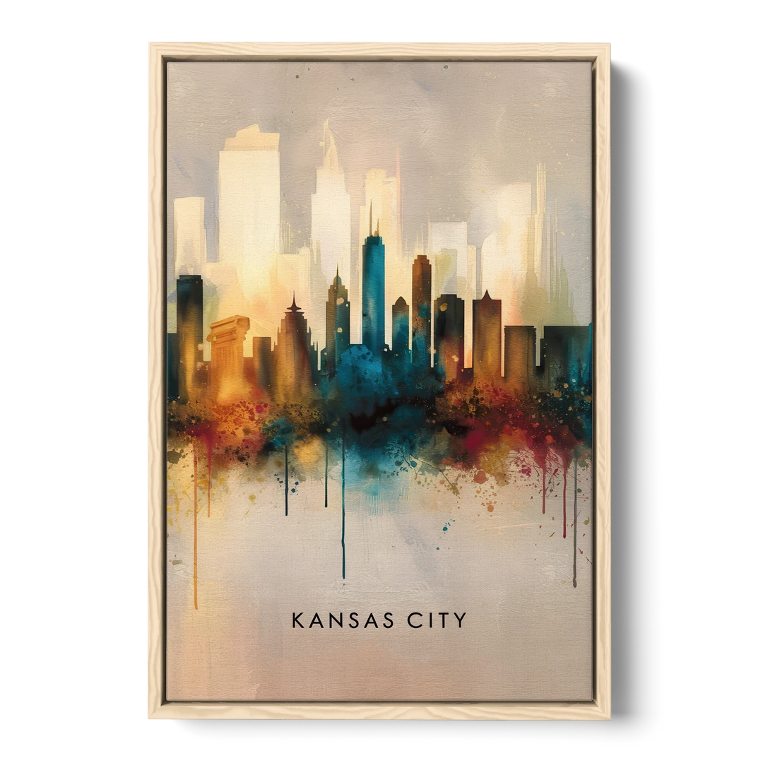 Kansas City Artistic Skyline - Oak Framed Canvas Wall Art - Front