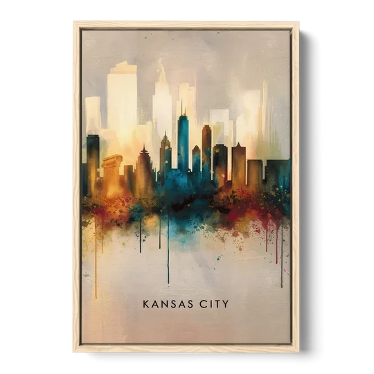 Kansas City Artistic Skyline - Oak Framed Canvas Wall Art - Front