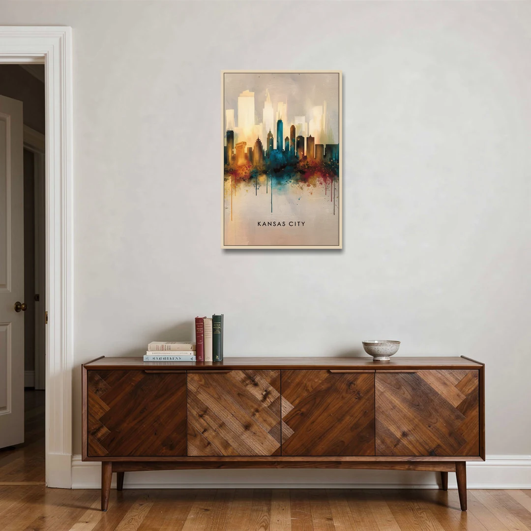 Kansas City Artistic Skyline - Oak Framed Canvas Wall Art - Coffee Table - 24x36