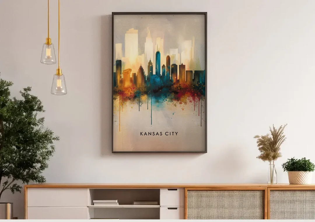Kansas City Artistic Skyline canvas wall art above a wooden sideboard under pendant lights