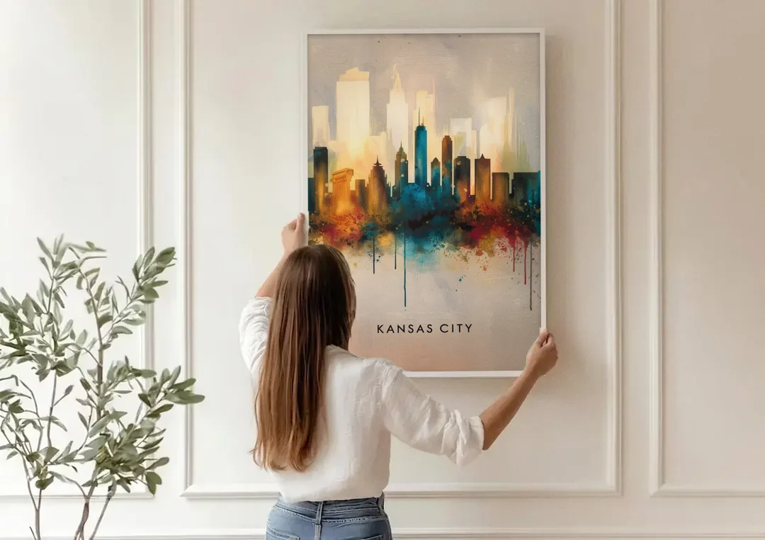 Kansas City Artistic Skyline canvas wall art being hung on a paneled wall