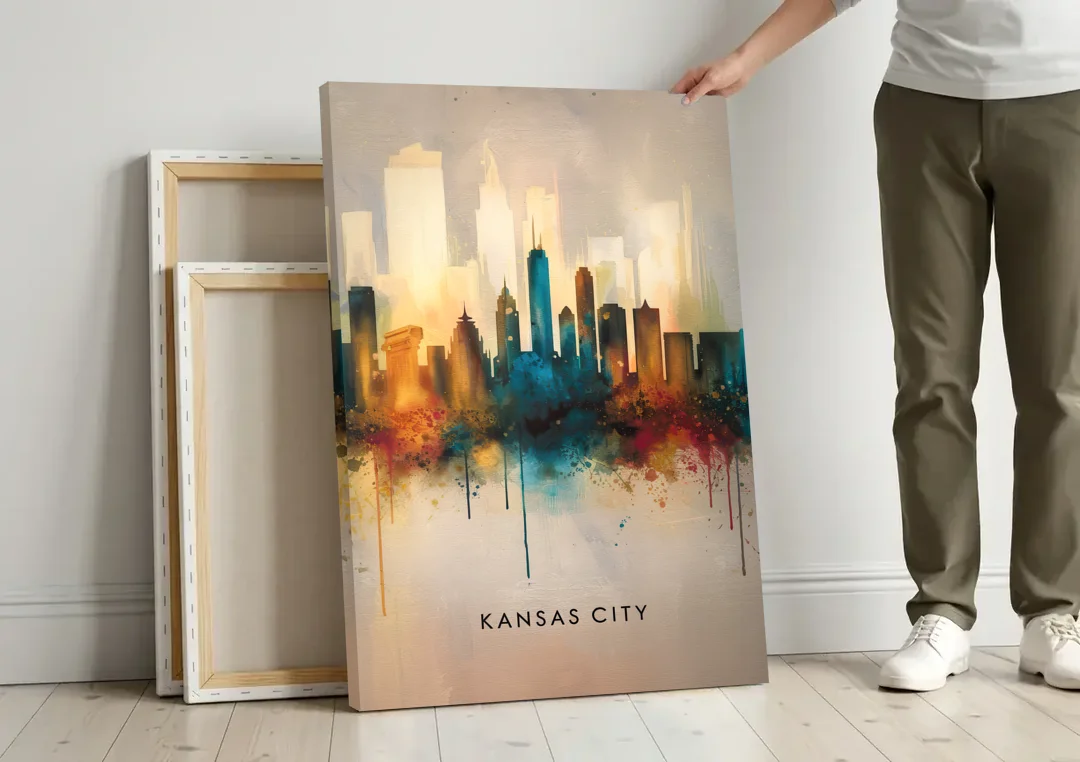 Kansas City Artistic Skyline canvas wall art leaning against a wall next to blank canvases