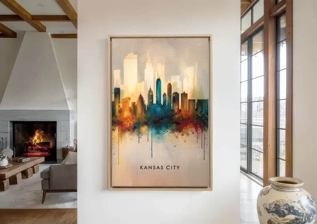 Kansas City Artistic Skyline canvas wall art in a living room with a fireplace