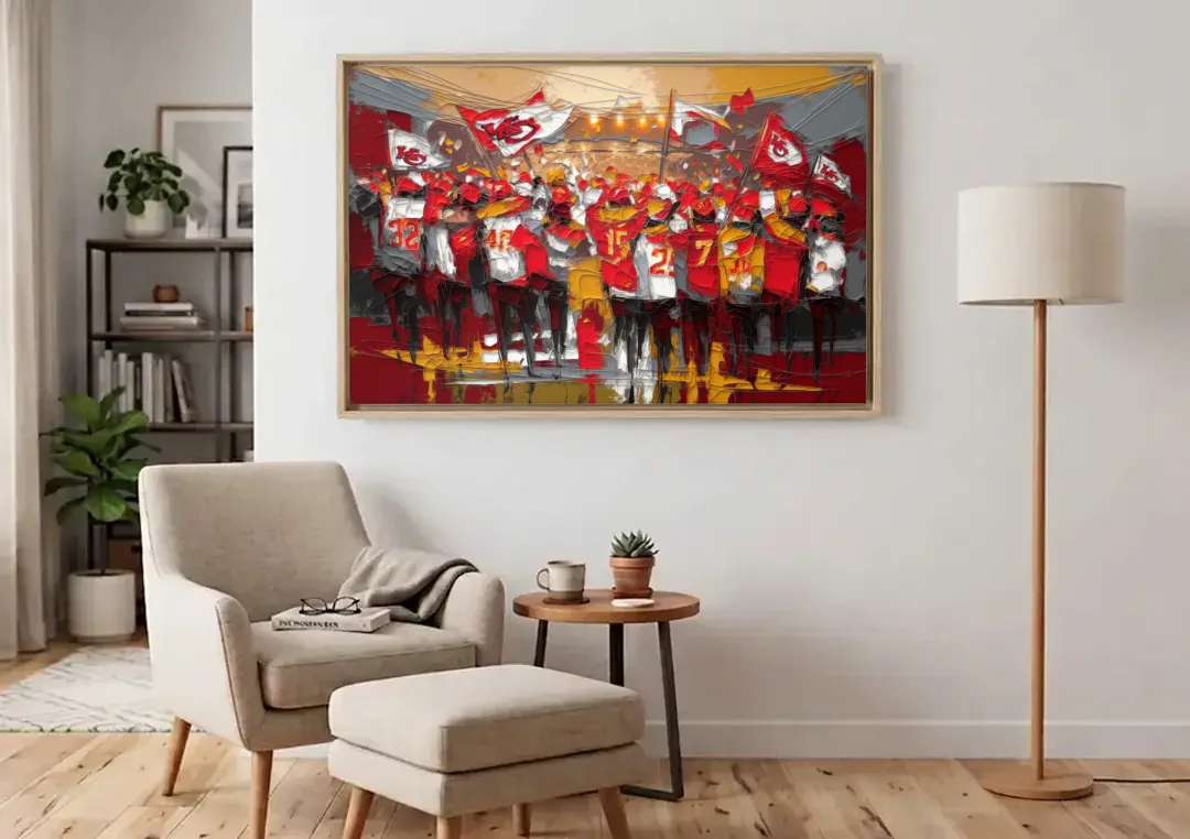 Kansas City Chiefs Fans Gathering canvas wall art above an armchair in a bright living room