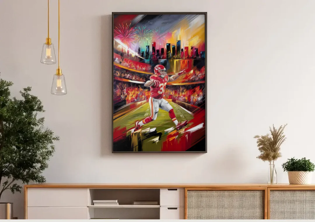 Kansas City Chiefs Game Day canvas wall art above a wooden sideboard under pendant lights