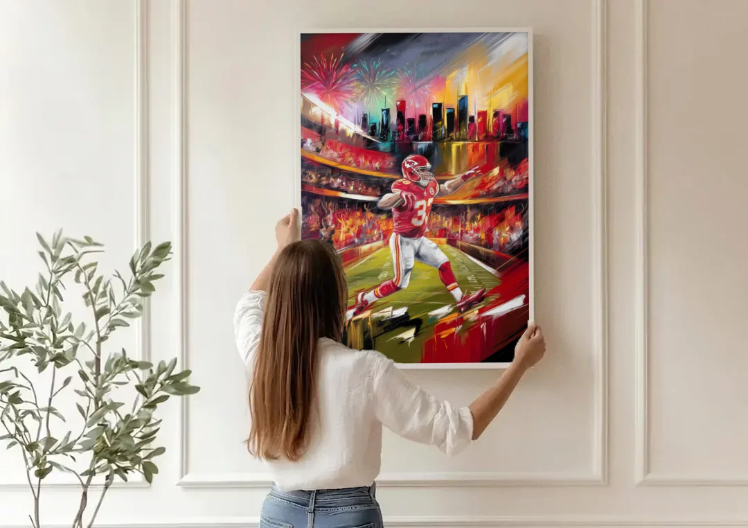 Kansas City Chiefs Game Day canvas wall art being hung on a paneled wall