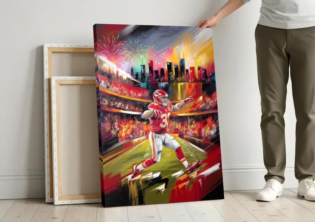 Kansas City Chiefs Game Day canvas wall art leaning against a wall next to blank canvases