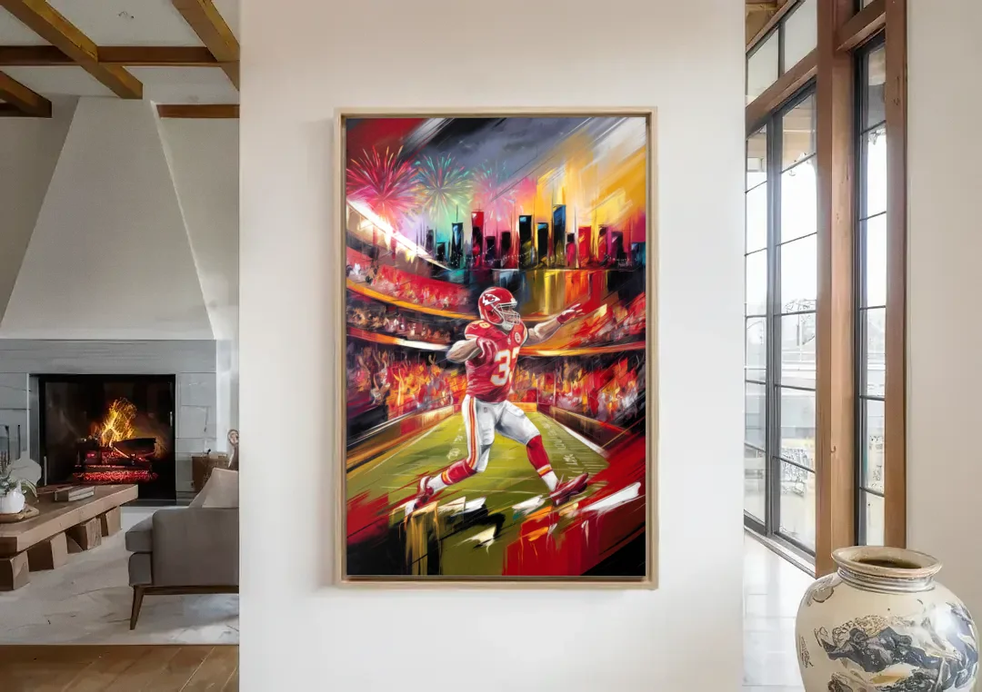 Kansas City Chiefs Game Day canvas wall art in a living room with a fireplace