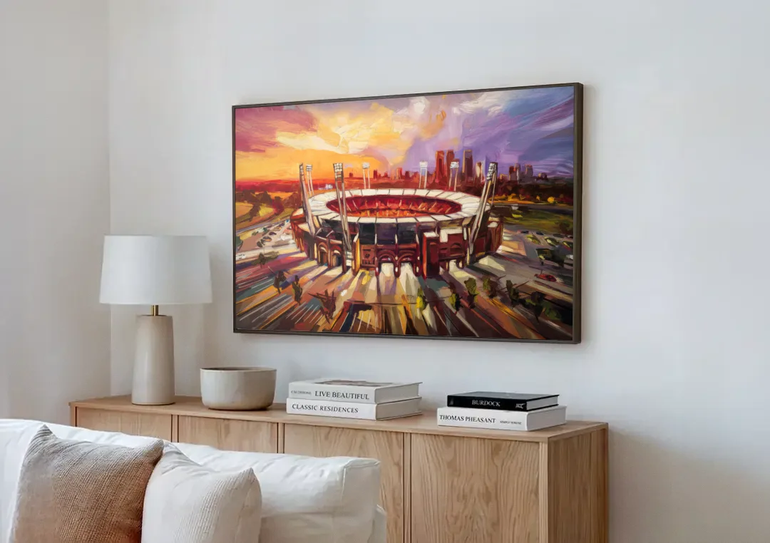 Kansas City Chiefs Stadium canvas wall art above a wooden sideboard next to a sofa