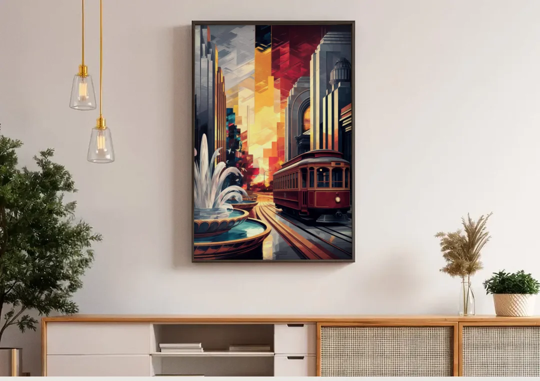 Kansas City Cultural Icons canvas wall art above a wooden sideboard under pendant lights