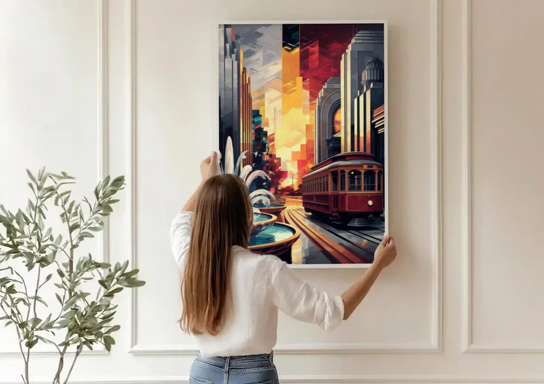Kansas City Cultural Icons canvas wall art being hung on a paneled wall