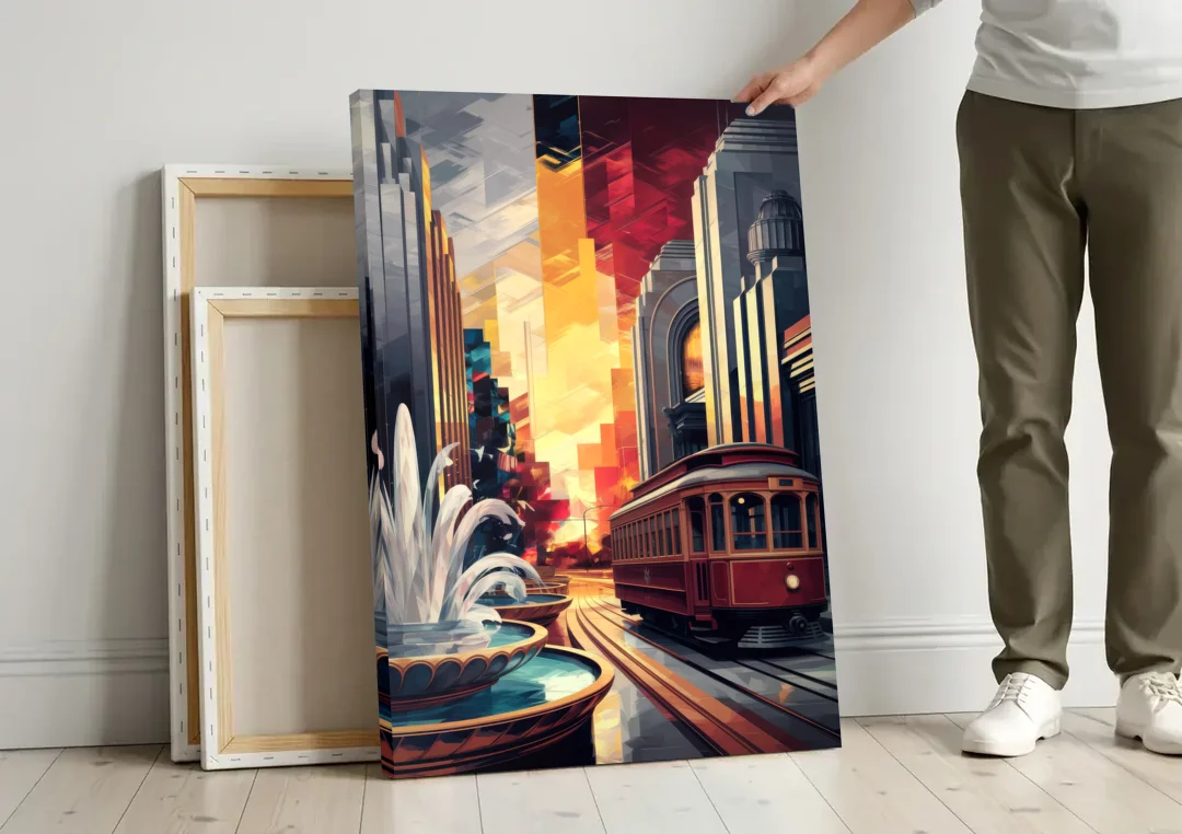 Kansas City Cultural Icons canvas wall art leaning against a wall next to blank canvases
