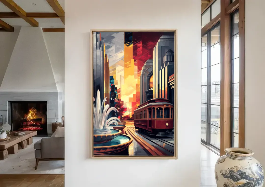 Kansas City Cultural Icons canvas wall art in a living room with a fireplace