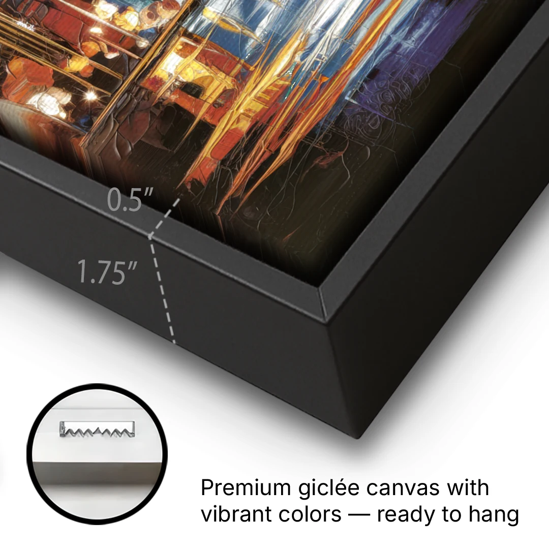 Kansas City Downtown By Night Panorama - Black Framed Canvas Wall Art - Gallery Wrap Corner