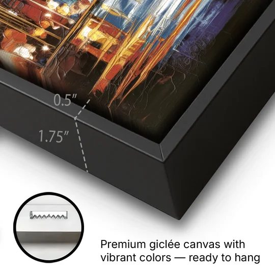 Kansas City Downtown By Night Panorama - Black Framed Canvas Wall Art - Gallery Wrap Corner