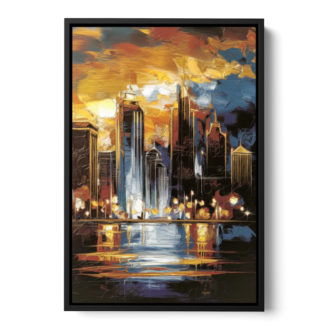 Kansas City Downtown By Night Panorama - Black Framed Canvas Wall Art - Front
