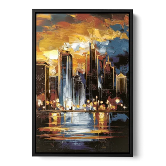 Kansas City Downtown By Night Panorama - Black Framed Canvas Wall Art - Front