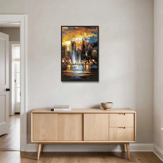 Kansas City Downtown By Night Panorama - Black Framed Canvas Wall Art - Coffee Table - 24x36