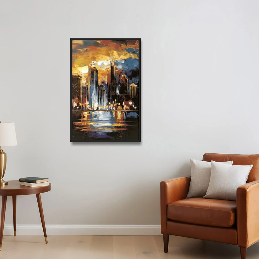 Kansas City Downtown By Night Panorama - Black Framed Canvas Wall Art - Sofa - 24x36