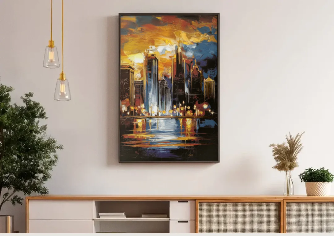 Kansas City Downtown By Night Panorama canvas wall art above a wooden sideboard under pendant lights