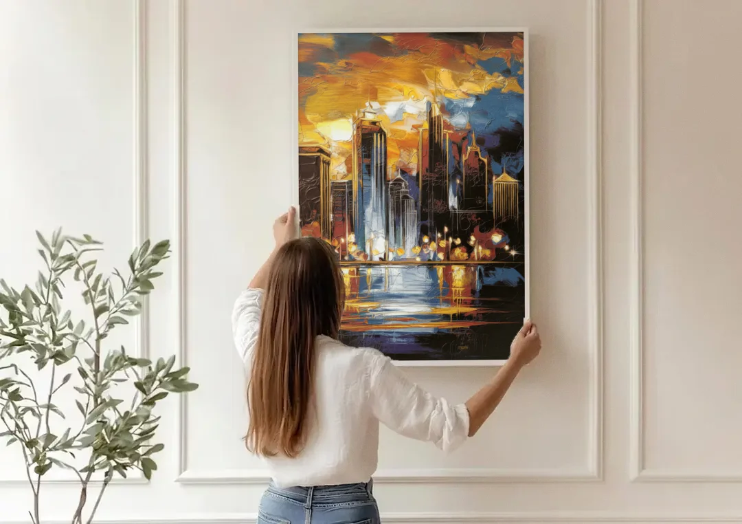 Kansas City Downtown By Night Panorama canvas wall art being hung on a paneled wall