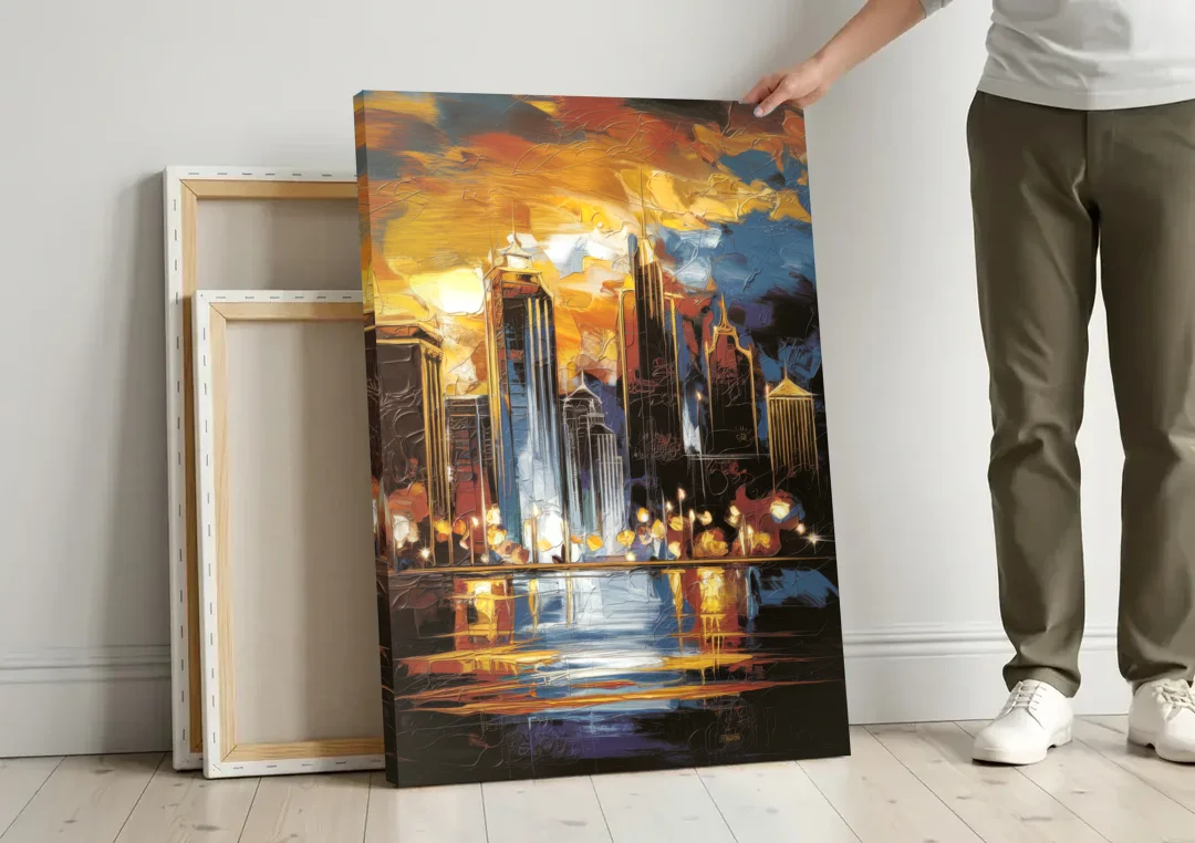 Kansas City Downtown By Night Panorama canvas wall art leaning against a wall next to blank canvases