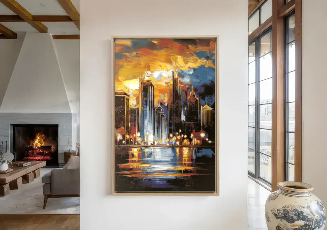 Kansas City Downtown By Night Panorama canvas wall art in a living room with a fireplace